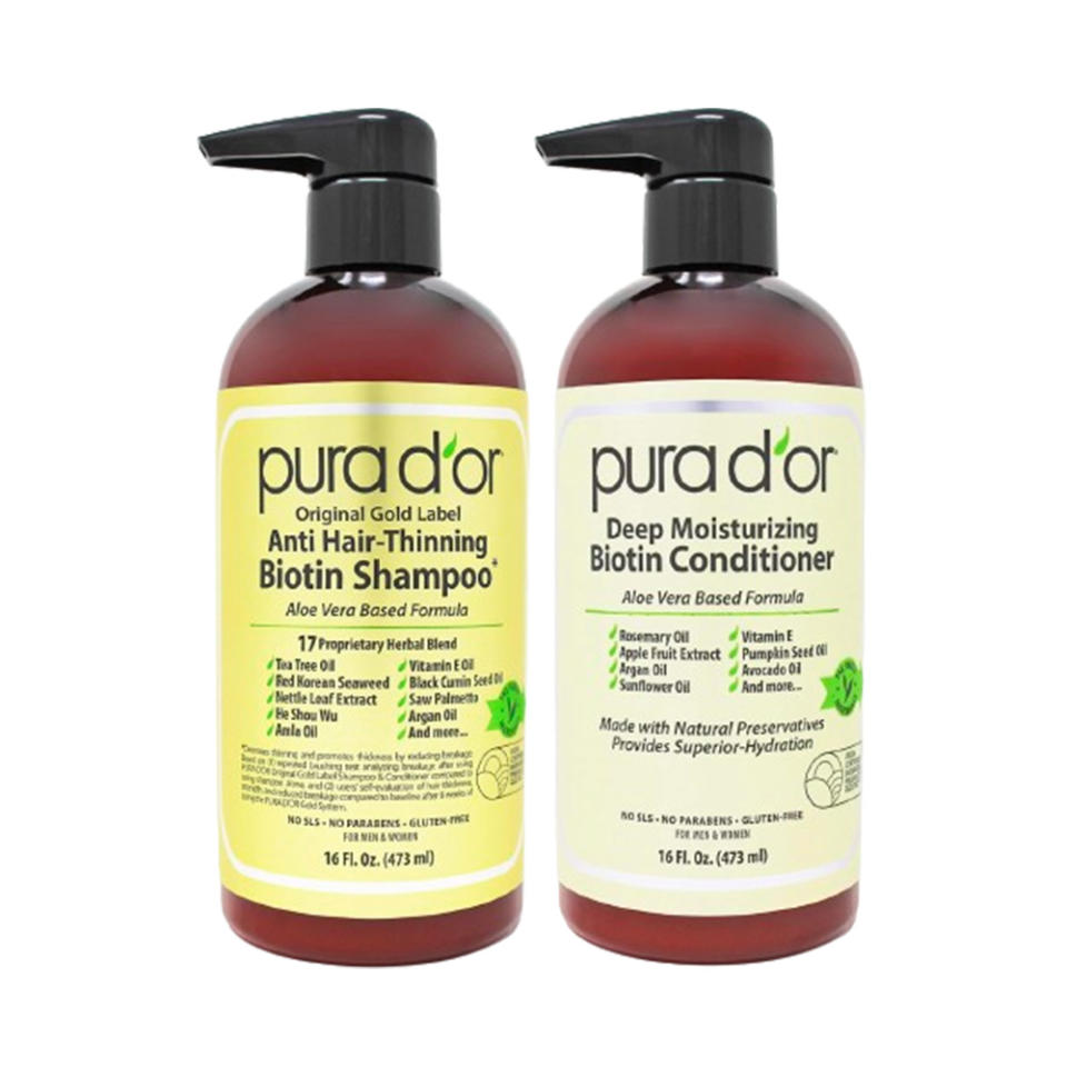 PURA D'OR Anti-Thinning Biotin Shampoo and Conditioner on white background