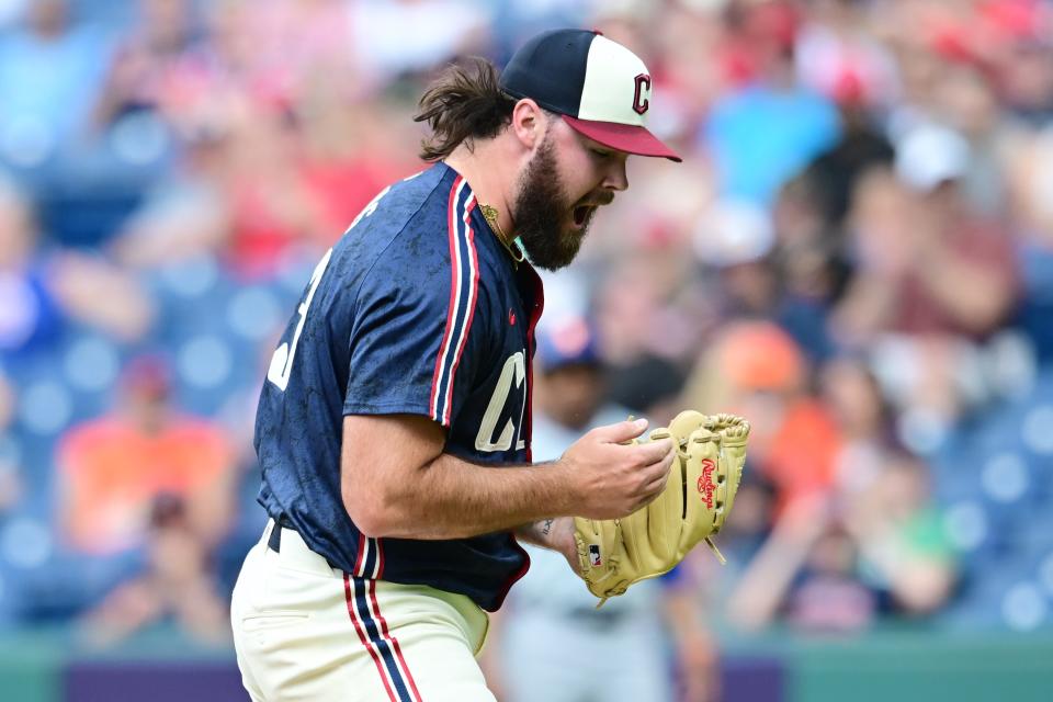 May 22, 2024; Cleveland, Ohio, USA; Cleveland Guardians relief pitcher Hunter Gaddis (33) celebrates after striking out New York Mets left fielder Brandon Nimmo (not pictured) during the seventh inning at Progressive Field. Mandatory Credit: Ken Blaze-USA TODAY Sports