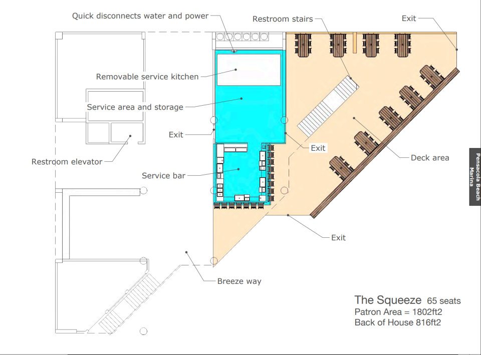 Plans for the interior set-up of The Squeeze, a food and juice bar coming to Pensacola Beach soon, filed with the Santa Rosa Island Authority.