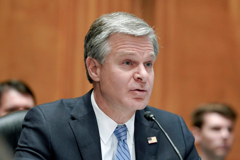 FBI director Christopher Wray testifies during a Senate Homeland Security Committee hearing on threats to the homeland on Capitol Hill in Washington, Thursday, Nov. 17, 2022.