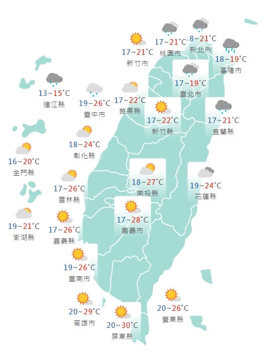 各縣市天氣預報。（圖／中央氣象局）