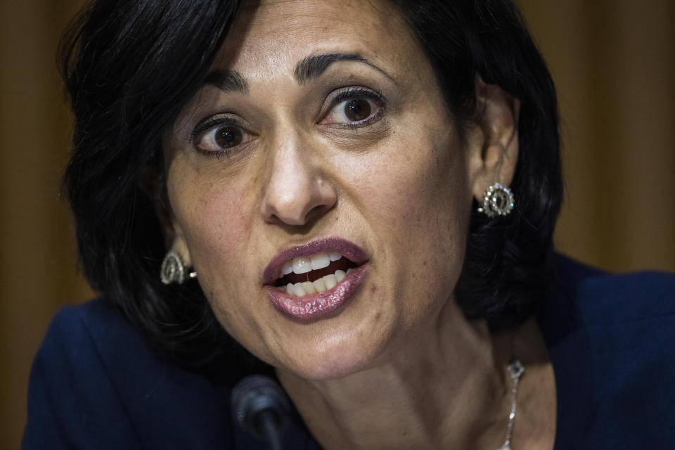 FILE - In this May 11, 2021 photo, Rochelle Walensky, Director of the US Centers for Disease Control and Prevention, testifies before a Senate Health, Education, Labor, and Pensions, Tuesday, May 11, 2021 on Capitol Hill in Washington. (Jim Lo Scalzo/Pool via AP)