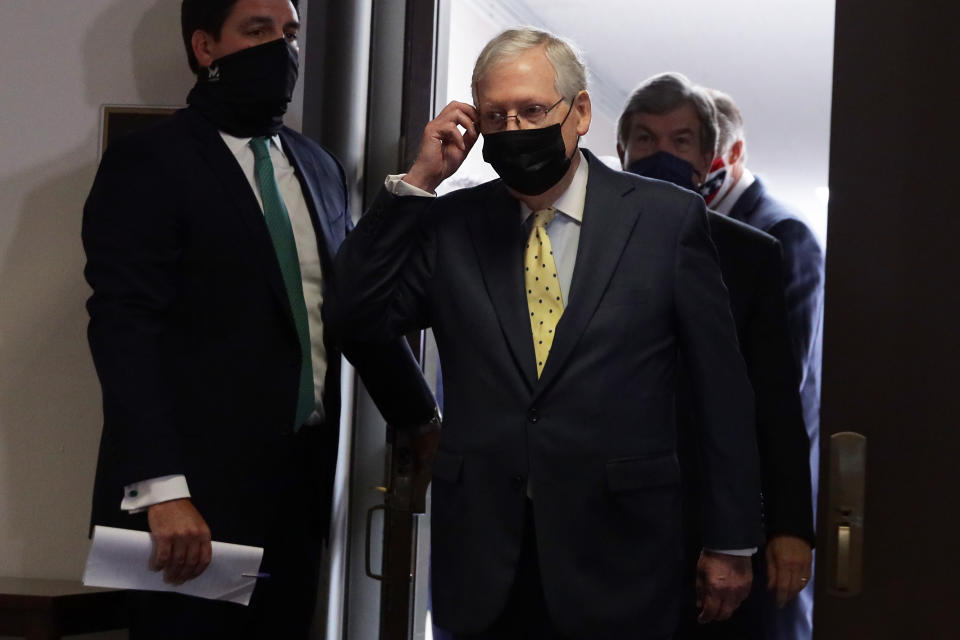 WASHINGTON, DC - SEPTEMBER 09:  U.S. Senate Majority Leader Mitch McConnell (R-KY) comes out of the room after the weekly Senate Republican Policy Luncheon at Hart Senate Office Building September 9, 2020 on Capitol Hill in Washington, DC.  (Photo by Alex Wong/Getty Images)