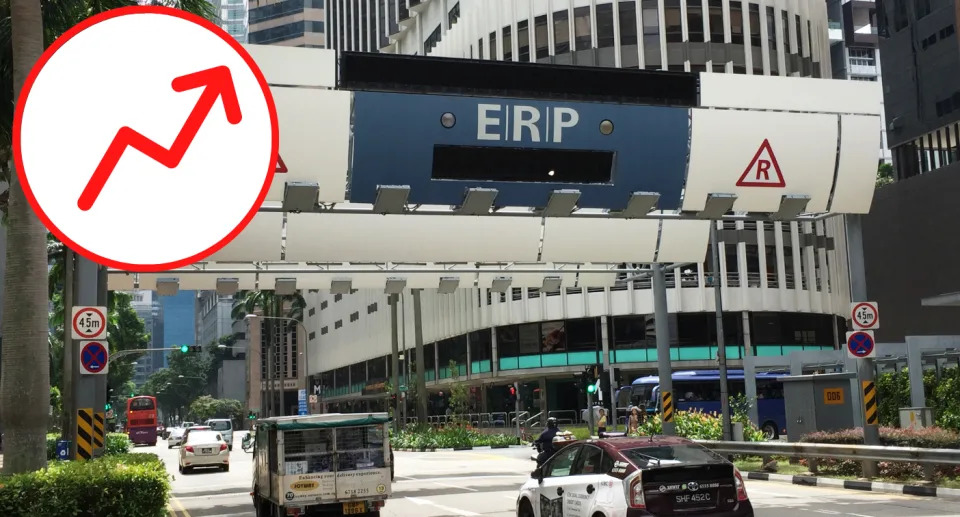 ERP Gantry in Tanjong Pagar in Singapore with an inset of a graph trending up