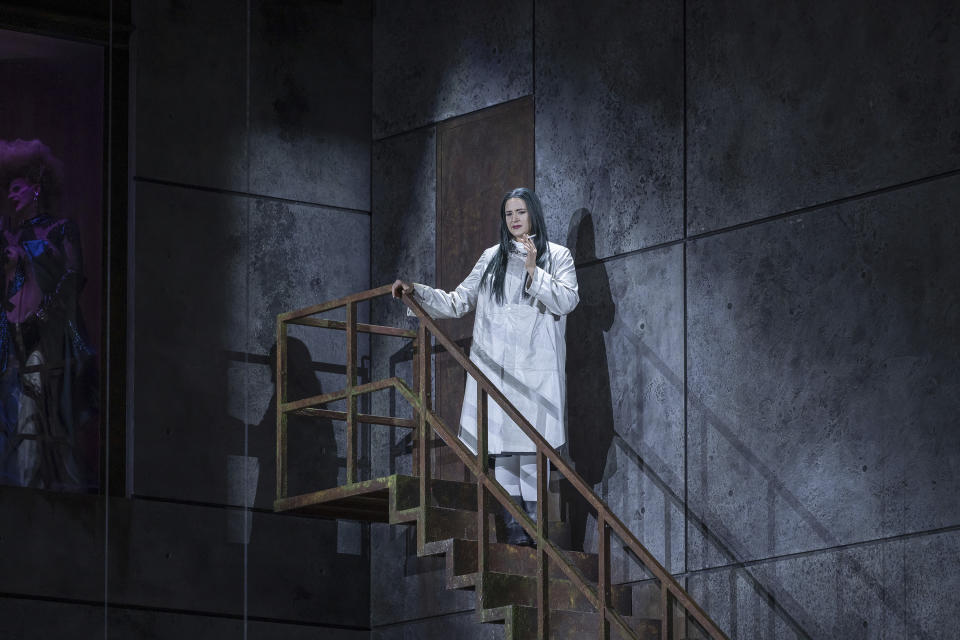 This image released by the Paris Opera shows soprano Lise Davidsen in a rehearsal at the Paris Opera on May 2, 2024, for her role debut as Salome in a revival of Lydia Steier’s production of Richard Strauss’ “Salome.” (Charles Duprat/Paris Opera via AP)