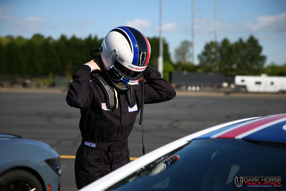 Joseph Tegerdine, 18, of Springville, Utah is seen here at the Ford Performance Racing School in Charlotte, North Carolina, in April 2024. He is preparing to drive a 2024 Ford Mustang Dark Horse, an experience gifted by Ford CEO Jim Farley.