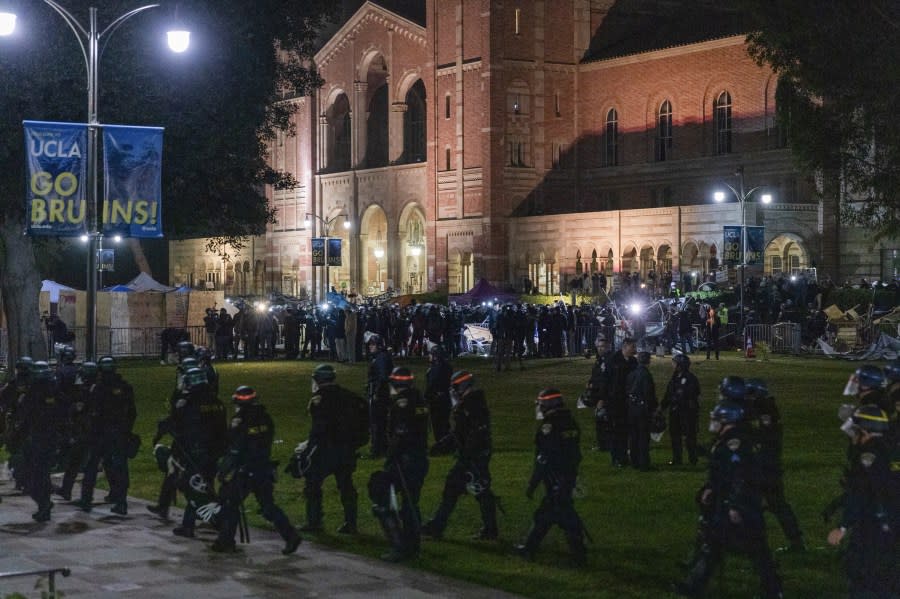 LOS ANGELES, CALIFORNIA – MAY 2: Pro-Palestinian demonstrators protest at UCLA as the US Police attempt to disperse the crowd, in Los Angeles, California, USA on May 2, 2024. (Photo by Grace Yoon/Anadolu via Getty Images)