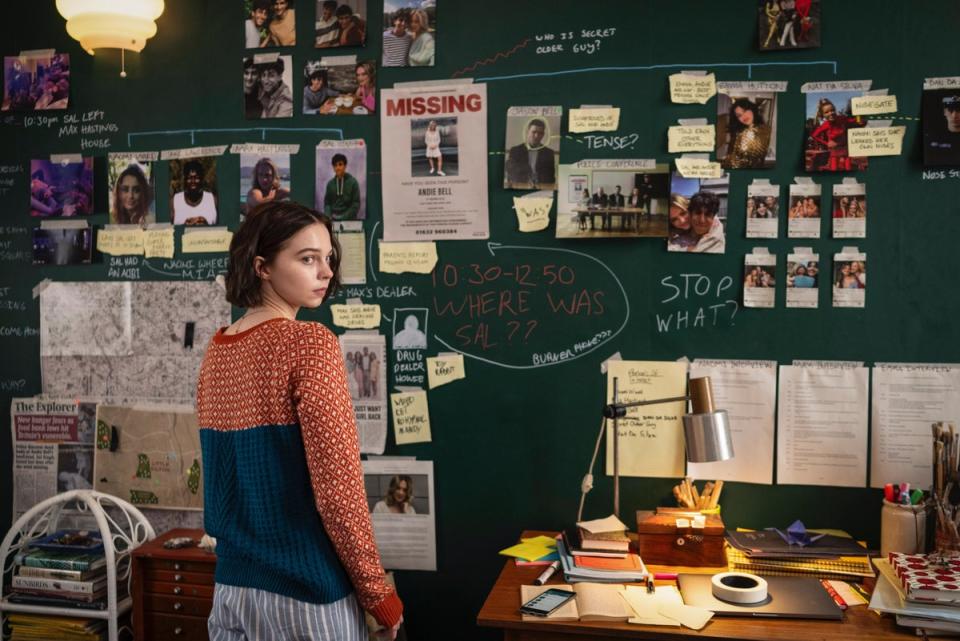 Soon Pip has turned her bedroom wall into an investigation board as she attempts to find the killer (BBC/Moonage Pictures/Sally Mais)