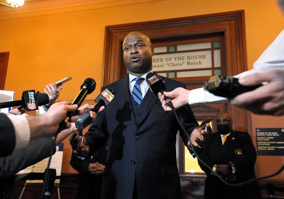 Illinois House Speaker Emmanuel "Chris" Welch talks about the inditment of former Speaker Michael Madigan at the State Capital Wednesday March 2, 2022. [Thomas J. Turney/ The State Journal Register]