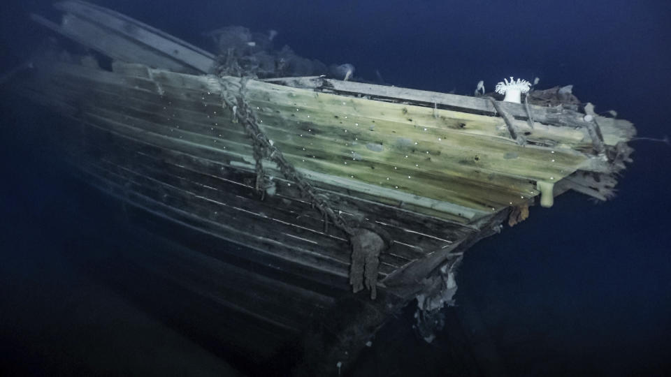 In this photo issued by Falklands Maritime Heritage Trust, a view of the bow of the wreck of Endurance, polar explorer's Ernest Shackleton's ship. Scientists say they have found the sunken wreck of polar explorer Ernest Shackleton’s ship Endurance, more than a century after it was lost to the Antarctic ice. The Falklands Maritime Heritage Trust says the vessel lies 3,000 meters (10,000 feet) below the surface of the Weddell Sea. An expedition set off from South Africa last month to search for the ship, which was crushed by ice and sank in November 1915 during Shackleton’s failed attempt to become the first person to cross Antarctica via the South Pole. (Falklands Maritime Heritage Trust/National Georgraphic via AP)