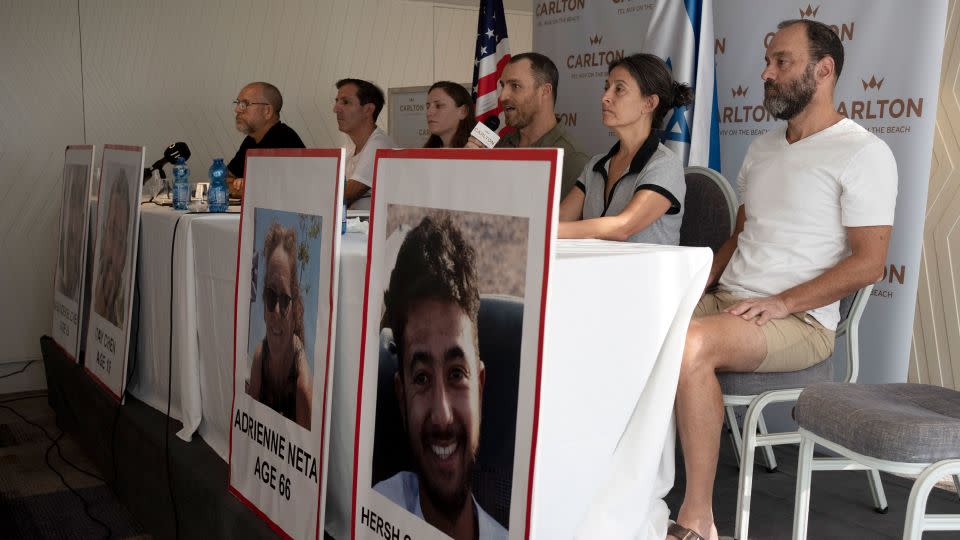 Relatives of citizens missing since Saturday's attack by Hamas near the Gaza border, in Tel Aviv, Israel attend a news conference on Tuesday, Oct. 10, 2023. - Maya Alleruzzo/AP