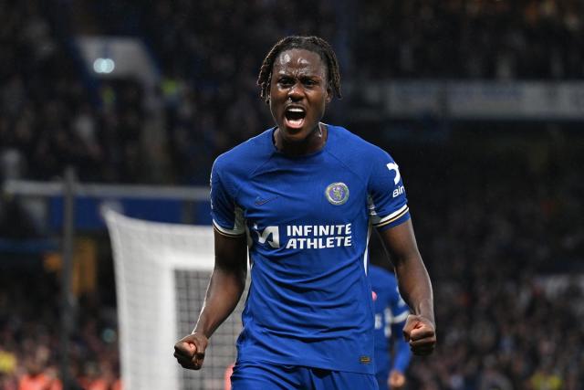 Trevoh Chalobah celebrates scoring for Chelsea.