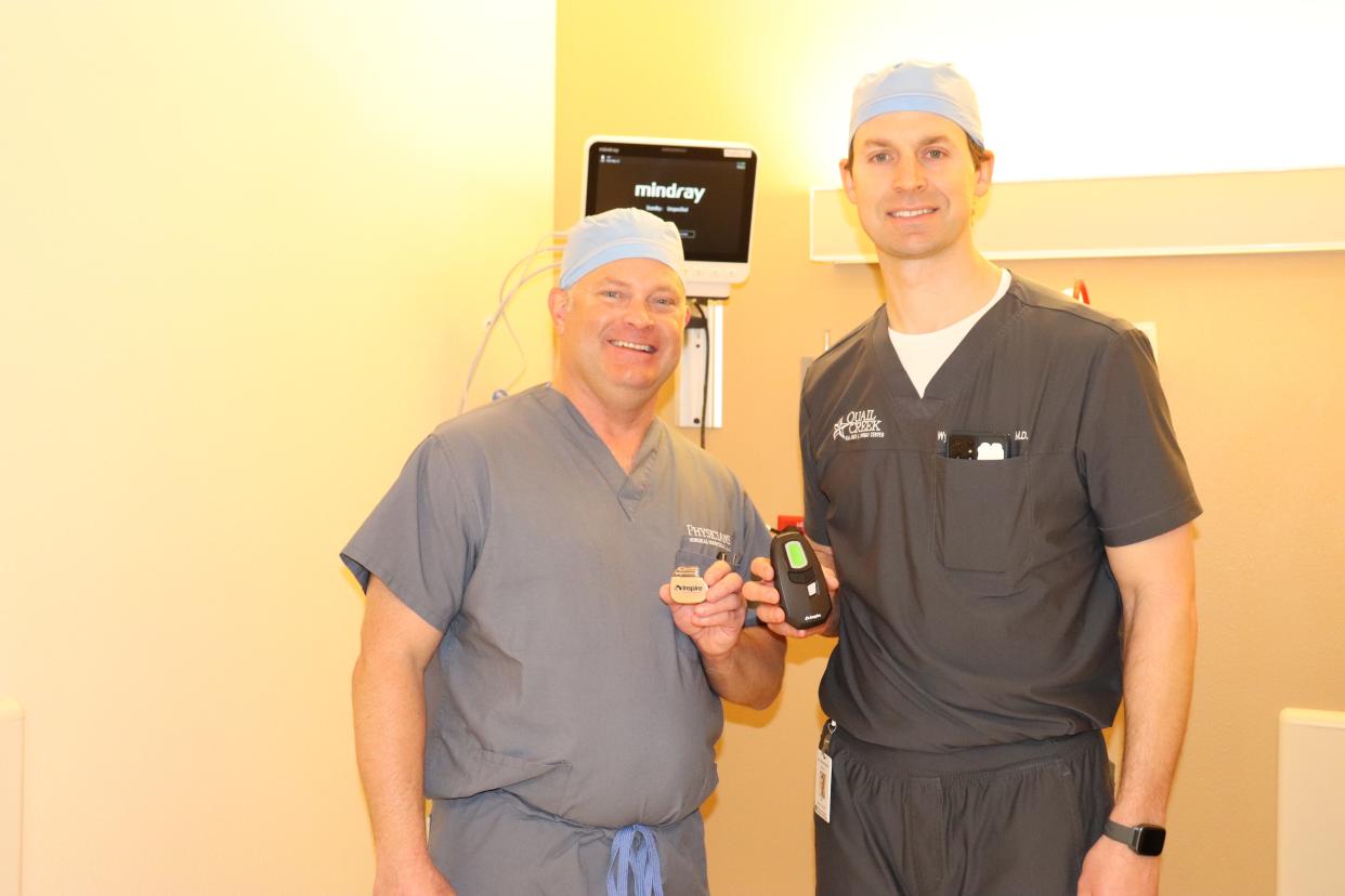 Physicians Surgical Hospitals recently completed its 50th Inspire procedure for obstructive sleep apnea. Pictured from left, Dr. Robert Stroud and Dr. Wyatt Weinheimer.