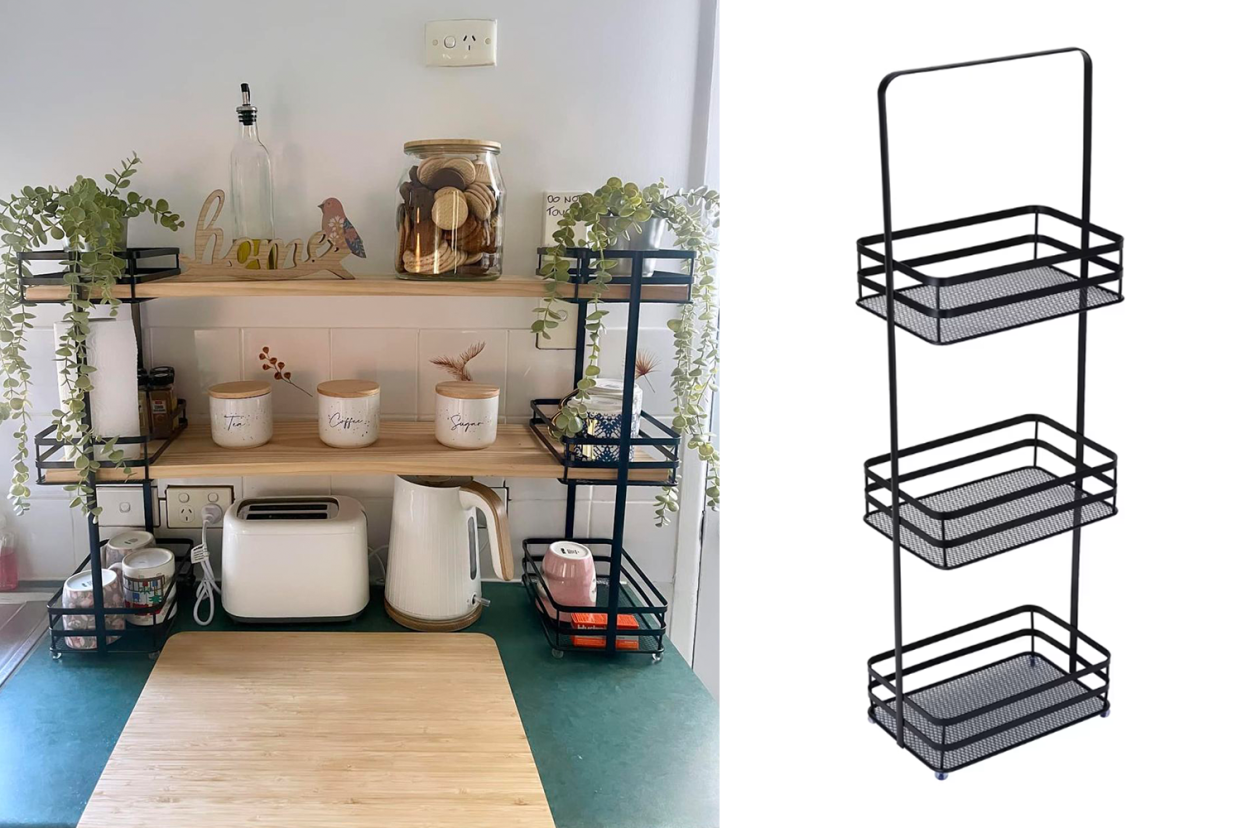 Kmart's $15 3 Tier Floor Caddy being used in the kitchen.