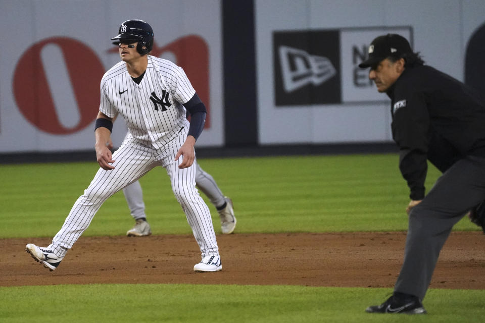 New York Yankees' Josh Donaldson leads off second during the fifth inning of the team's baseball game against the Tampa Bay Rays, Wednesday June 15, 2022, in New York. (AP Photo/Bebeto Matthews)