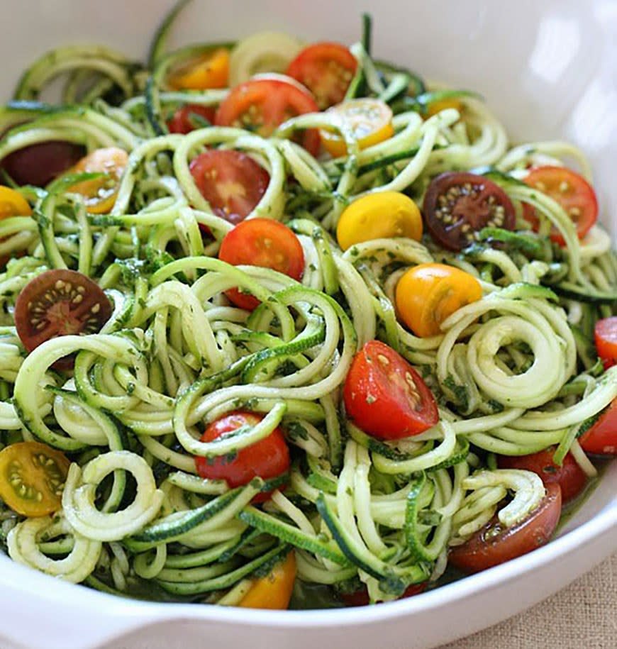 Raw Spiralized Zucchini Noodles With Tomatoes and Pesto from SkinnyTaste