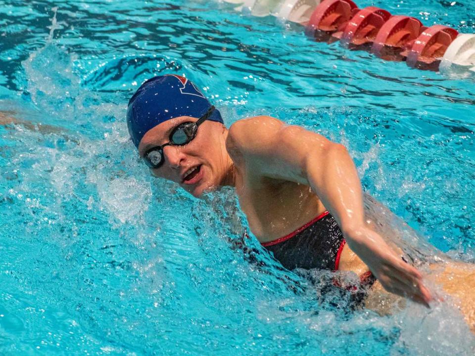 Lia Thomas, a transgender woman, swims for the University of Pennsylvania at an Ivy League swim meet against Harvard University in Cambridge