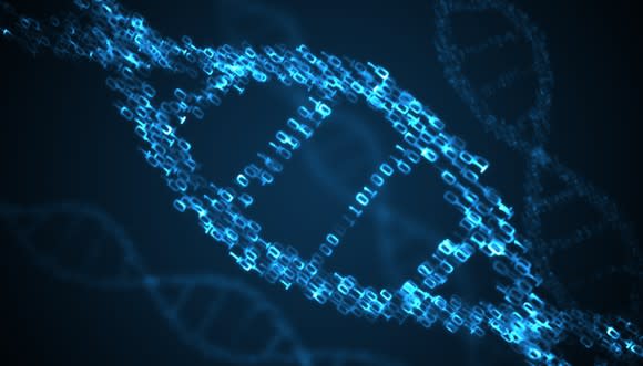 An artist's depiction of a DNA molecule, made up of 0s and 1s