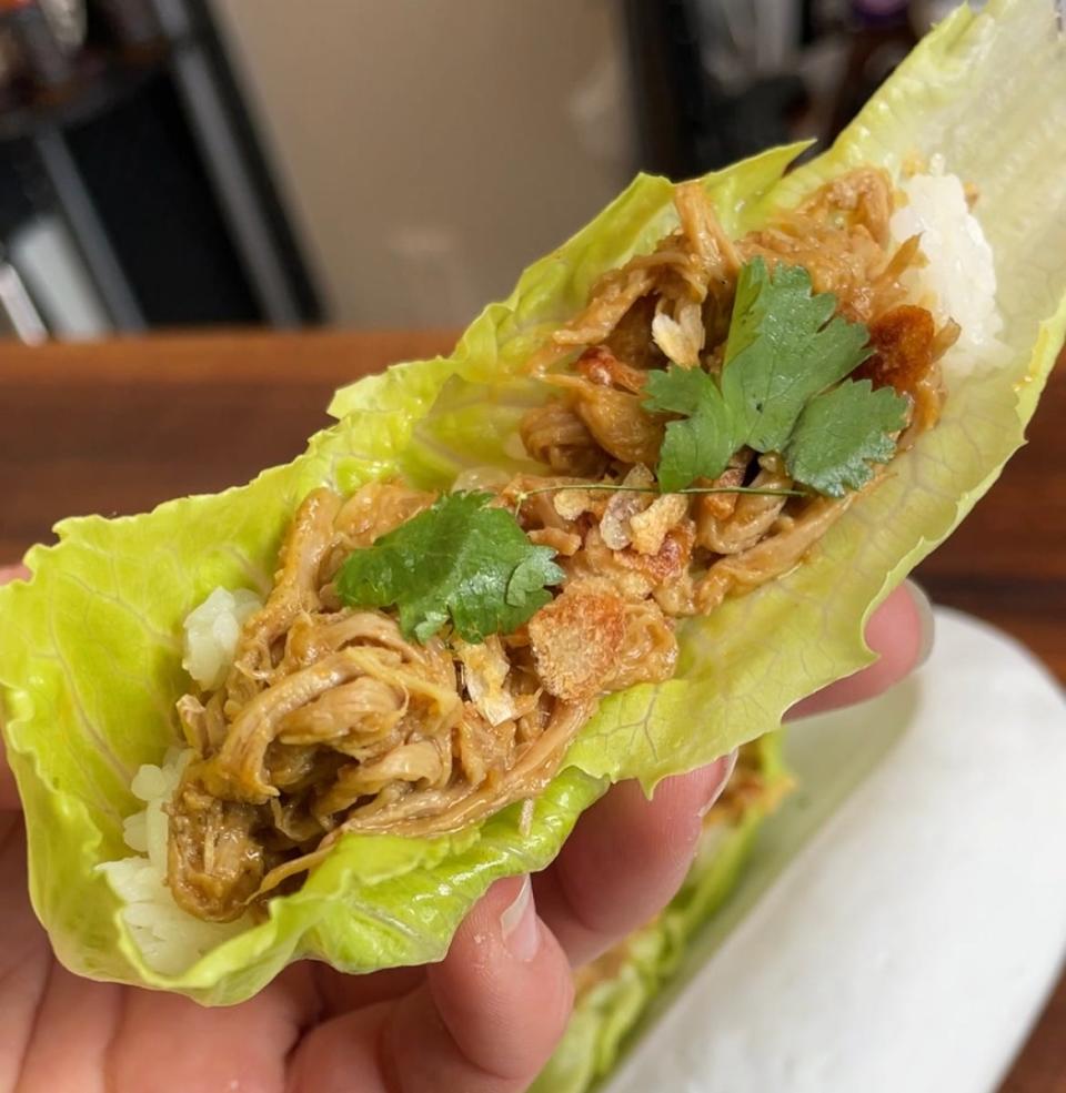 Hung Lay Pork Lettuce Wrap with Crispy Garlic and Shallot.