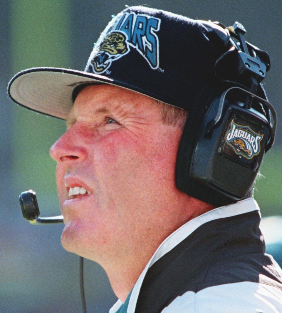 Former Jacksonville Jaguars head coach Tom Coughlin, seen here during a 1995 win against the Cleveland Browns, will eventually make it to the Pro Football Hall of Fame, but hopefully doesn't have to wait around another 5-10 years to receive a gold jacket.
