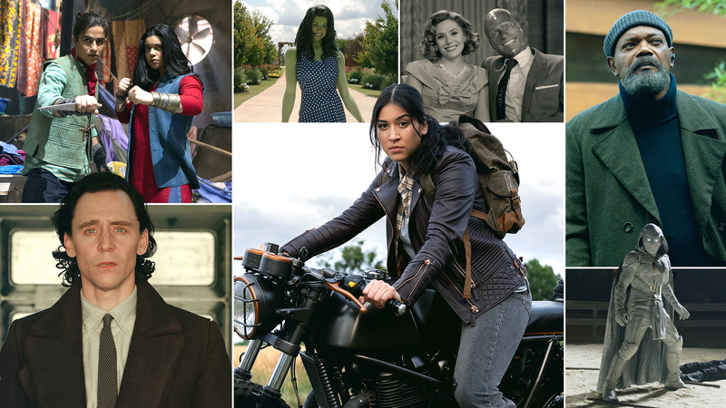 Clockwise from bottom left: Tom Hiddleston in Loki (Photo: Marvel Studios), Aramis Knight and Iman Vellani in Ms. Marvel (Photo: Disney+), Tatiana Maslany in She-Hulk: Attorney At Law (Photo: Disney+), Elizabeth Olsen and Paul Bettany in WandaVision (Photo: Disney+/Marvel Studios), Samuel L. Jackson in Secret Invasion (Photo: Gareth Gatrell/Marvel), Oscar Isaac in Moon Knight (Photo: Marvel Studios), Alaqua Cox in Echo (Photo: Chuck Zlotnick/Marvel Studios) 