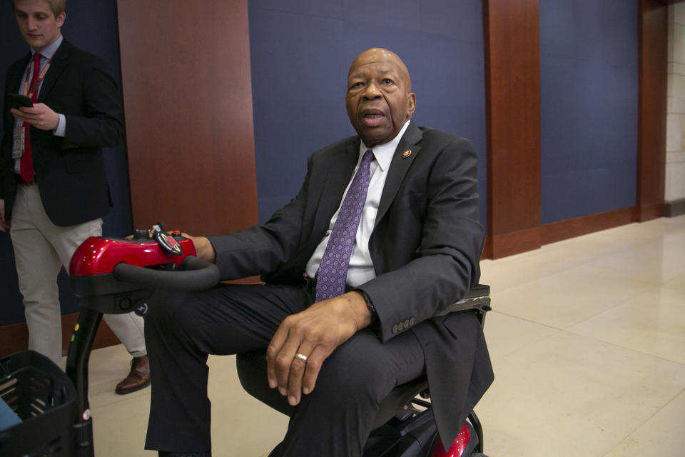 Rep. Elijah Cummings, D-Md., chairman of the House Committee on Oversight and Reform, speaks to reporters after announcement that President Donald Trump's former lawyer, Michael Cohen, will testify publicly before Rep. Cummings' panel next month, on Capitol Hill in Washington, Thursday, Jan. 10, 2019. Cohen's testimony before the House Oversight and Reform Committee will be the first major public hearing for Democrats, who have promised greater scrutiny of Trump. (AP Photo/J. Scott Applewhite)