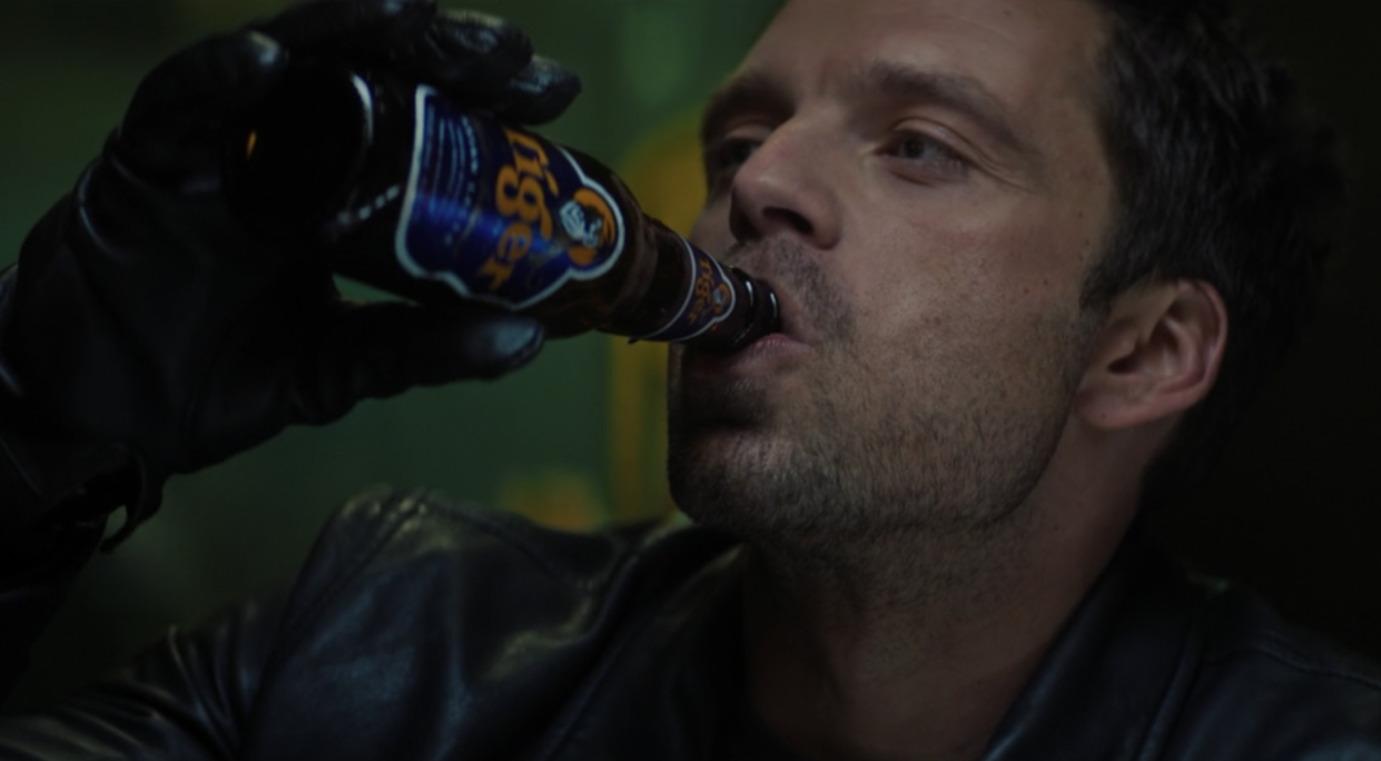 Bucky Barnes (Sebastian Stan) drinking Singapore's Tiger Beer in The Falcon And The Winter Soldier on Disney Plus.