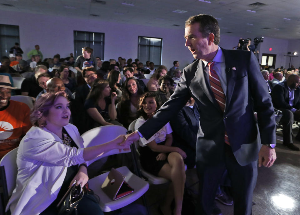 Democratic gubernatorial candidate Lt. Gov. Ralph Northam greets attendees before a debate at a union hall in Richmond, Va., on May 9, 2017. The two candidates will face off in the primary on June 13. (Photo: Steve Helber/AP)