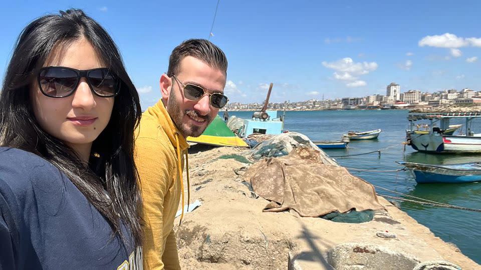 Nardeen Fares, 27, takes a selfie with her husband at Gaza Port, near Gaza City, in the Gaza Strip in May 2023. - Nardeen Fares