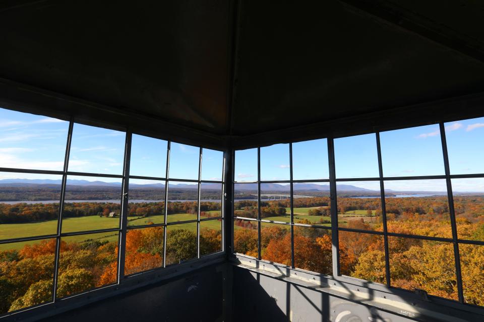 A view of the Kingston-Rhinecliff Bridge from the fire tower in Ferncliff Forest in Rhinebeck on November 1, 2021.