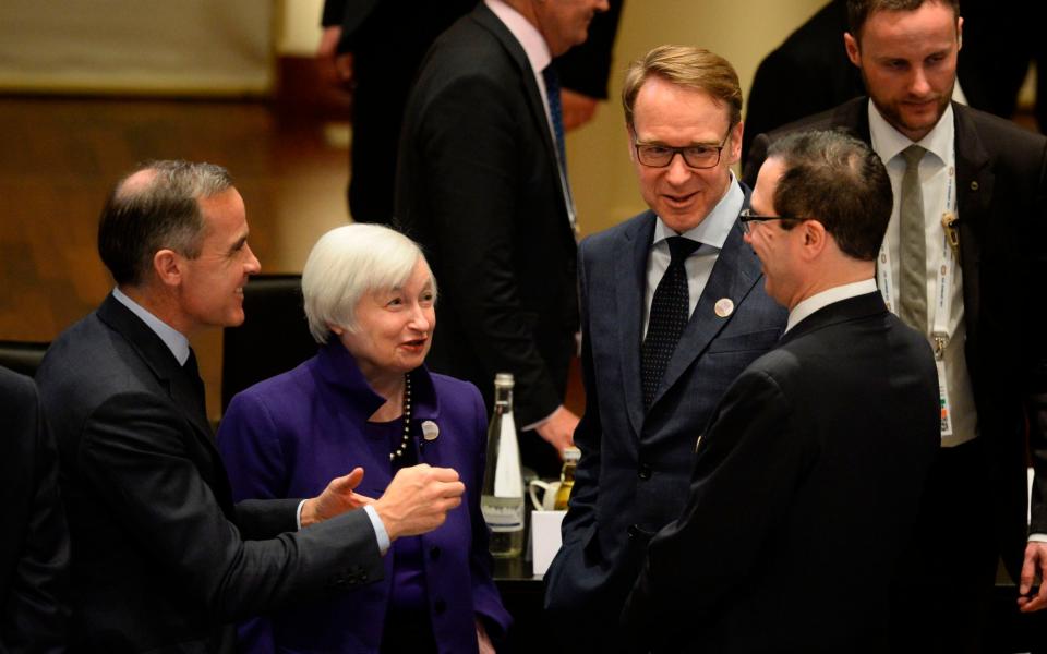 The world's central banks and authorities have been urged to run a global stress test - including Mark Carney of the Bank of England, left, Janet Yellen from the US Fed, Jens Weidmann in the Bundesbank and US Secretary of the Treasury Steven Mnuchin, right. - AFP