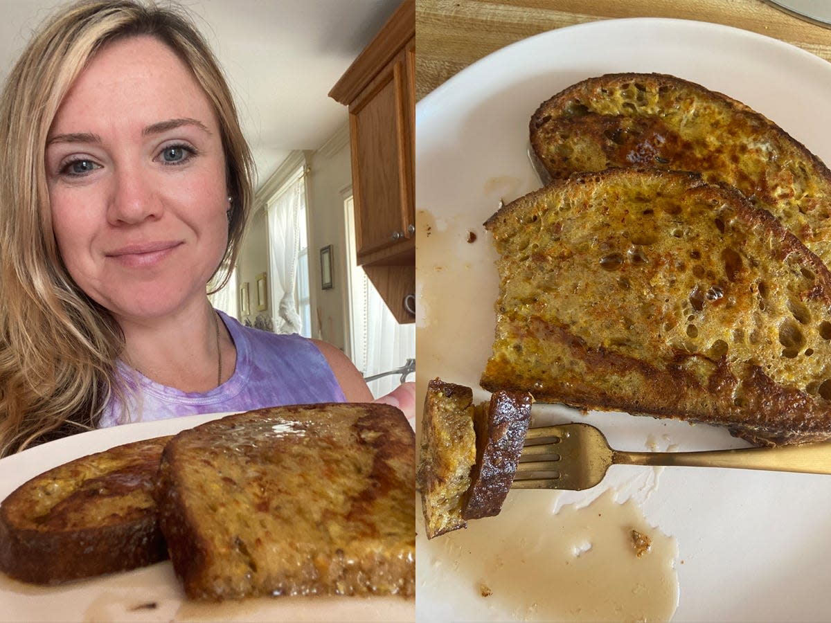 alissa posing with a plate of french toast next to a photo of french toast on a plate with a fork