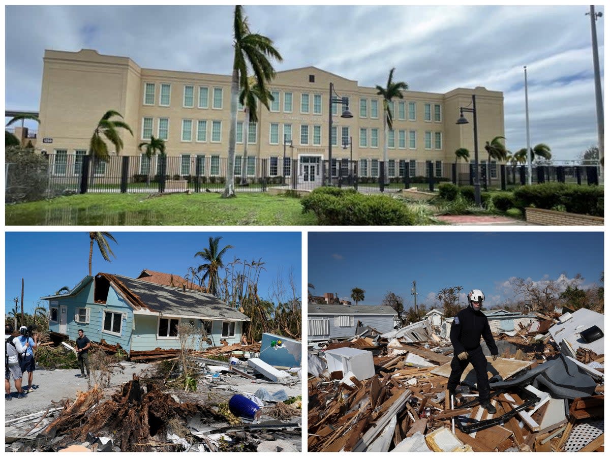 Above: Charlotte High School in Punta Gorda needed to be rebuilt after Hurricane Charley, but has withstood Hurricane Ian. Below: Damage from the storm has been extensive on Sanibel Island and Fort Myers Beach (REUTERS/Getty/AP)