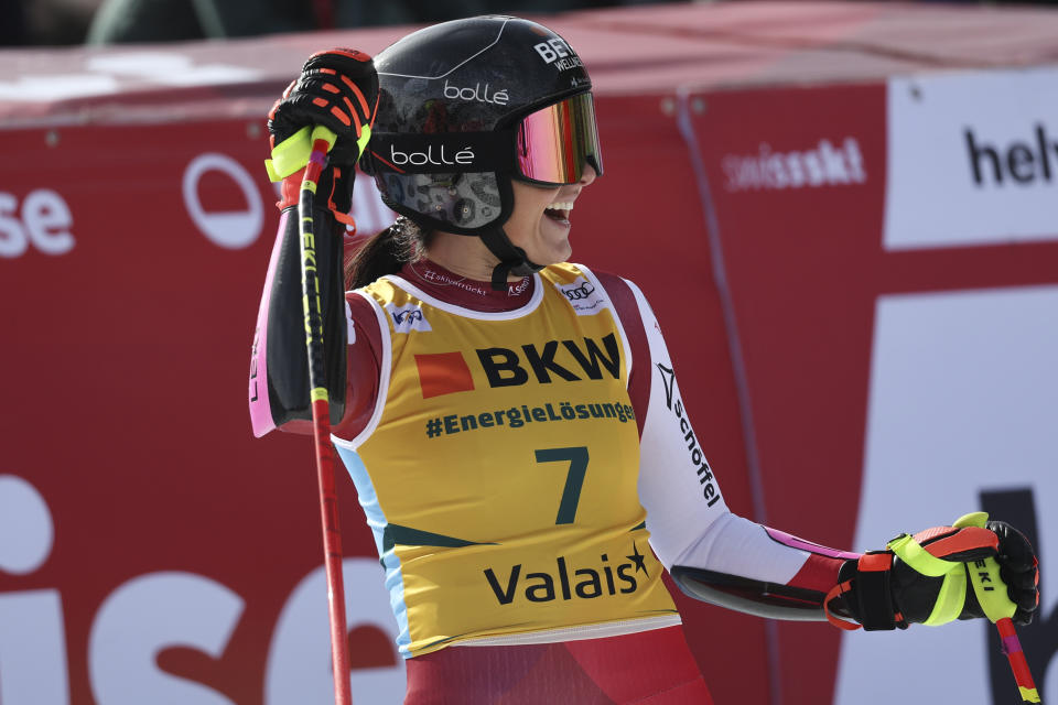 Austria's Stephanie Venier gets to the finish area after completing an alpine ski, women's World Cup super-G, in Crans Montana, Switzerland, Sunday, Feb. 18, 2024. (AP Photo/Marco Trovati)