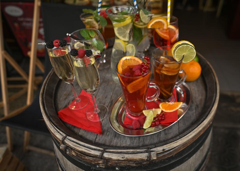 A set of drinks and cocktails on display.