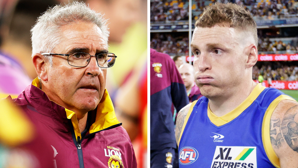 Lions veteran Mitch Robinson (pictured right) after the Richmond game and (pictured left) Chris Fagan speaking to the team.