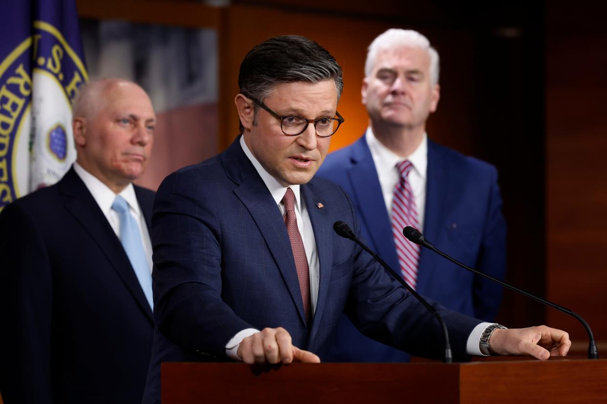 Speaker of the House Mike Johnson, R-La., (C) speaks during a news conference with Majority Leader Steve Scalise, R-La., (L) and Majority Whip Tom Emmer, R-Minn., following a closed-door caucus meeting at the U.S. Capitol Visitors Center on March 20, 2024 in Washington, DC.