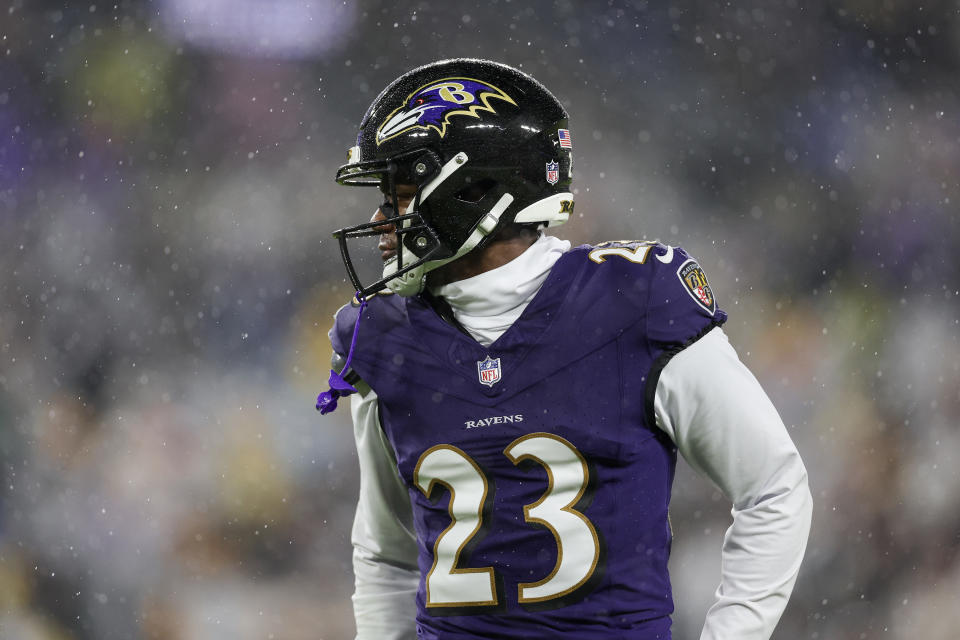 BALTIMORE, MARYLAND – JANUARY 06: Rock Ya-Sin #23 of the Baltimore Ravens looks on in the second quarter of a game against the Pittsburgh Steelers at M&T Bank Stadium on January 06, 2024 in Baltimore, Maryland. (Photo by Patrick Smith/Getty Images)