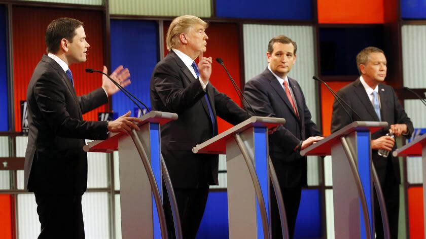 FILE - In this Feb. 25, 2016 file photo, Republican presidential candidates, from left, Sen. Marco Rubio, R-Fla., Donald Trump, Sen. Ted Cruz, R-Texas, and Ohio Gov. John Kasich debate take part in the Republican presidential primary debate at the University of Houston in Houston. Nancy Reagan spent decades protecting the legacy of her husband, but some of President Ronald Reagan's famous political advice appears lost among the White House candidates who embrace him as a guiding light. (AP Photo/David J. Phillip, File)