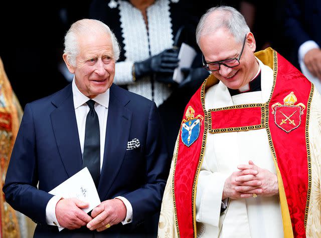 <p>Max Mumby/Indigo/Getty</p> King Charles and The Reverend Canon Alan Gyle at the memorial service for Sir Chips Keswick at St Paul's Church on May 30, 2024.