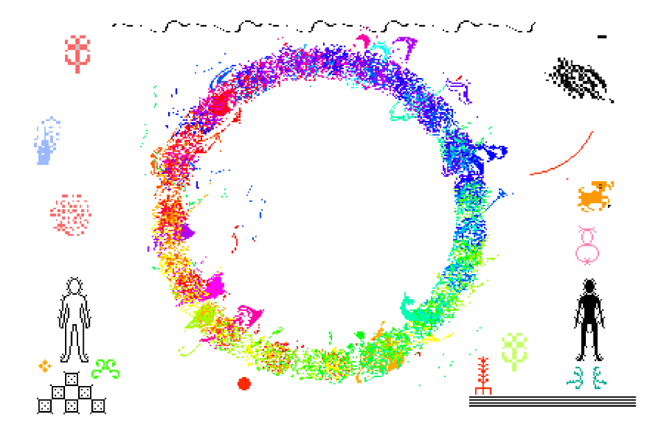 A pixel art depiction of a circle of fire engulfing a landscape.