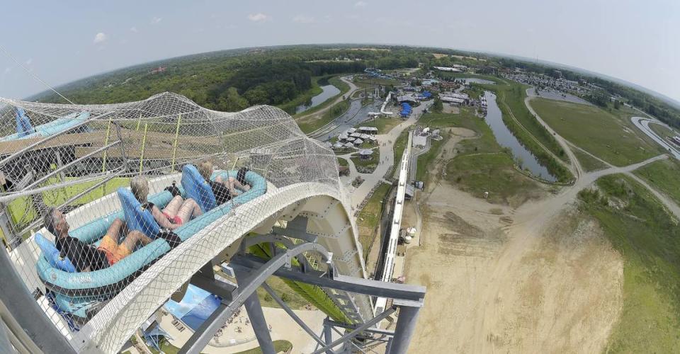 Riders slide down Verruckt, the world’s tallest water slide, at Schlitterbahn on July 9, 2014 in Kansas City, Kansas. The ride was later closed after a boy was killed.