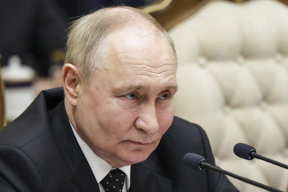 Russian President Vladimir Putin attends the talks with North Korea's leader Kim Jong Un in Pyongyang, North Korea, Wednesday, June 19, 2024. (Gavriil Grigorov, Sputnik, Kremlin Pool Photo via AP)