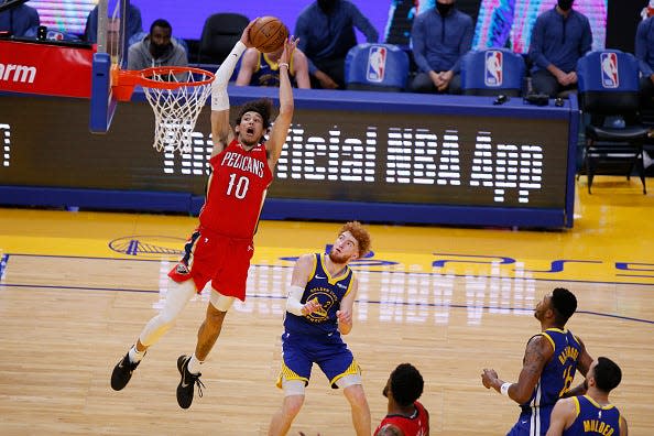 New Orleans Pelicans center Jaxson Hayes (10) in the fourth quarter of an NBA game against the Golden State Warriors at Chase Center, Friday, May 14, 2021, in San Francisco, California.