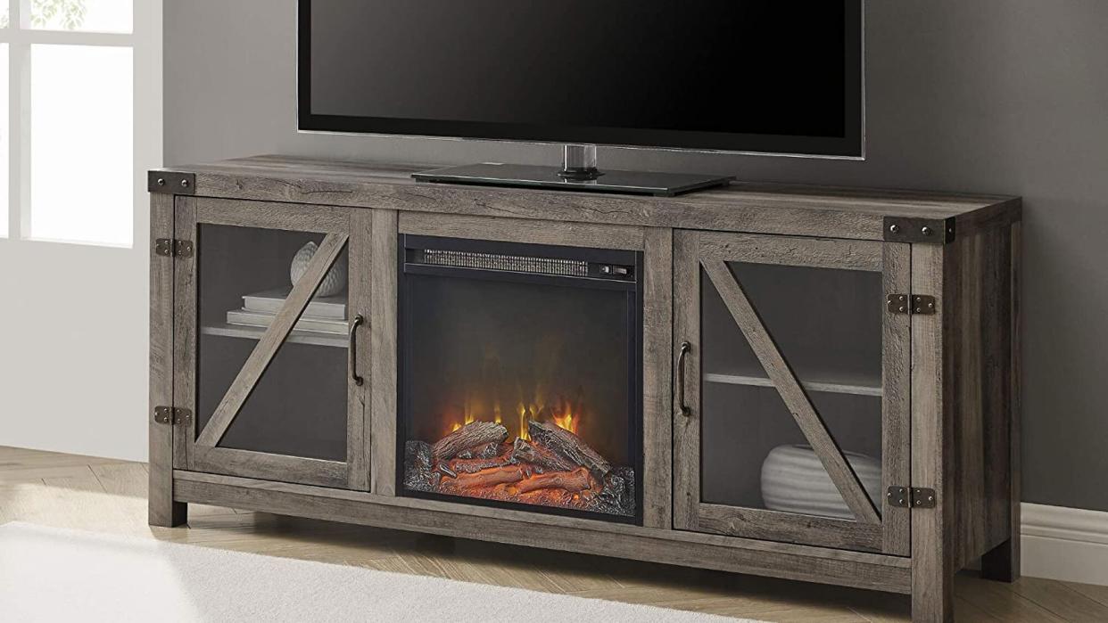 Walker Edison Farmhouse Barn Wood and Glass Fireplace Stand for TV