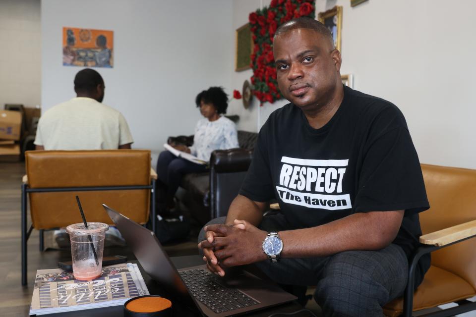 Jason Sharif, founder of Respect the Haven, which champions Whitehaven's Black owned business, organizes community meet-ups and neighborhood beautification projects in the South Memphis neighborhood, sits inside Muggin Coffeehouse on Thursday, May 26, 2022.