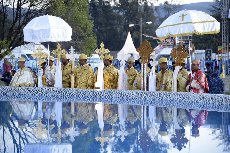 FILE - Ethiopian Christians celebrate Timkat, or Epiphany, a colorful festival celebrated all over Ethiopia to commemorate the baptism of Jesus Christ by John the Baptist in the River Jordan, in Addis Ababa, Ethiopia on Jan. 19, 2023. Widespread tensions caused by a rift within Ethiopia's Orthodox Christian church have resulted in the suspension of access to social media platforms including TikTok, Facebook and Telegram on Friday, Feb. 10, 2023. (AP Photo, File)