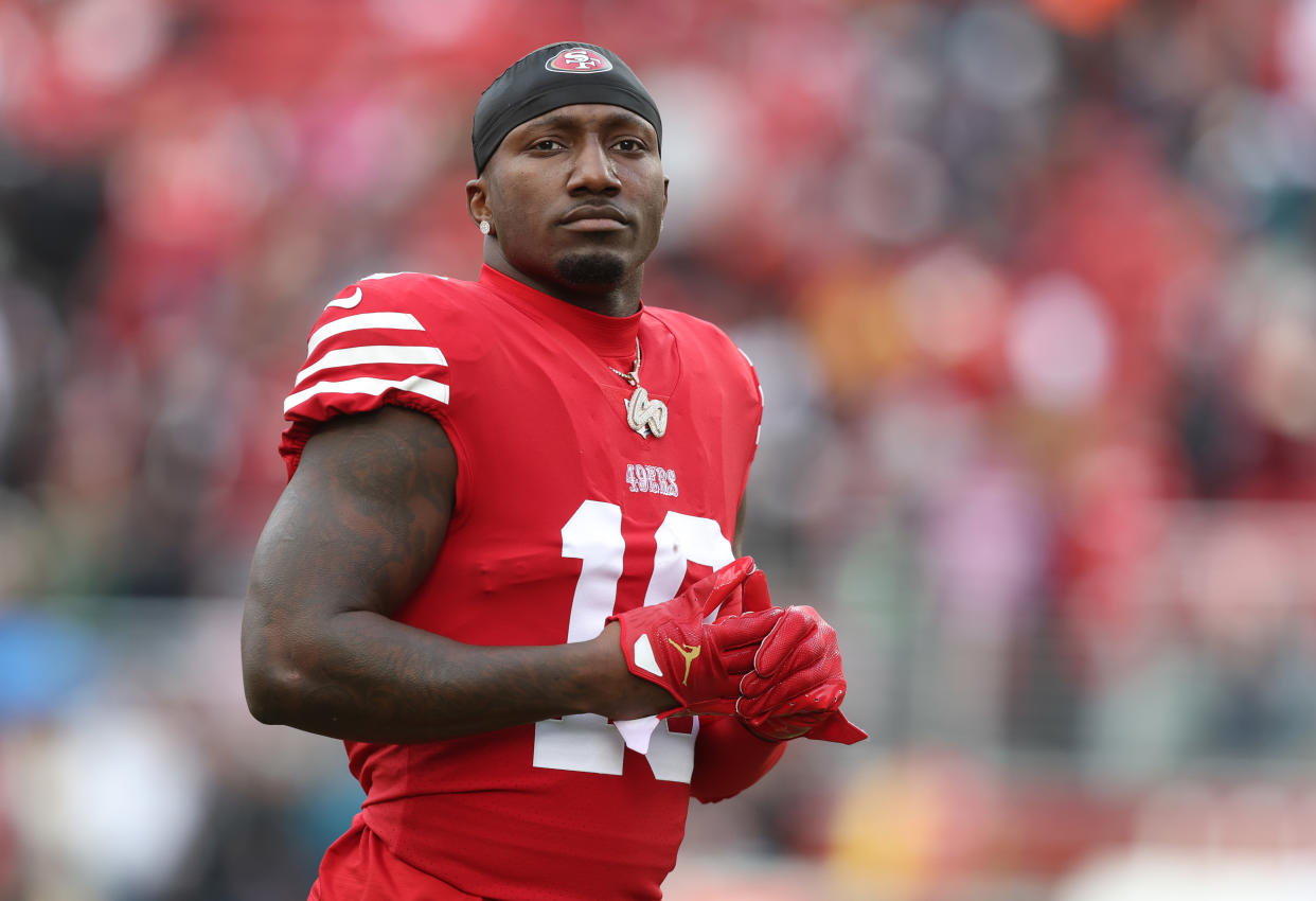 SANTA CLARA, CALIFORNIA - DECEMBER 11: Deebo Samuel #19 of the San Francisco 49ers looks on prior to the game against the Tampa Bay Buccaneers at Levi's Stadium on December 11, 2022 in Santa Clara, California. (Photo by Lachlan Cunningham/Getty Images)