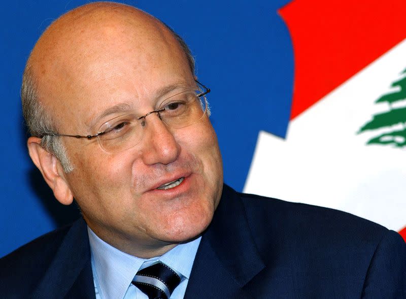 FILE PHOTO: Lebanese Prime Minister Mikati talks to reporters at Baabda presidential palace in Beirut