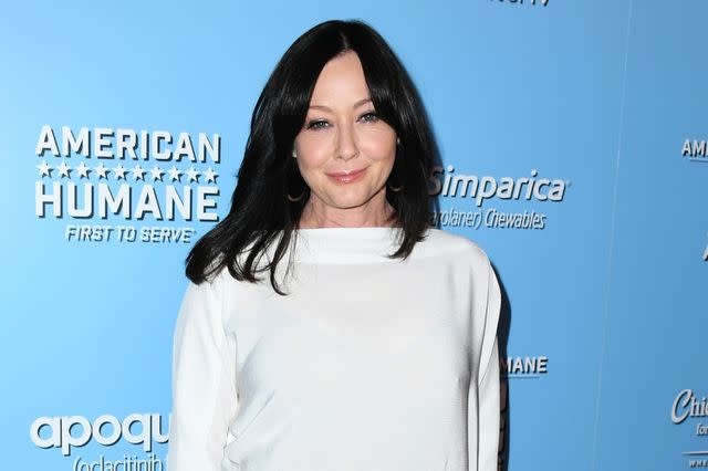 <p>Jon Kopaloff/Getty</p> Shannen Doherty is pictured attending the 9th Annual American Humane Hero Dog Awards at The Beverly Hilton Hotel on October 05, 2019 in Beverly Hills, California.